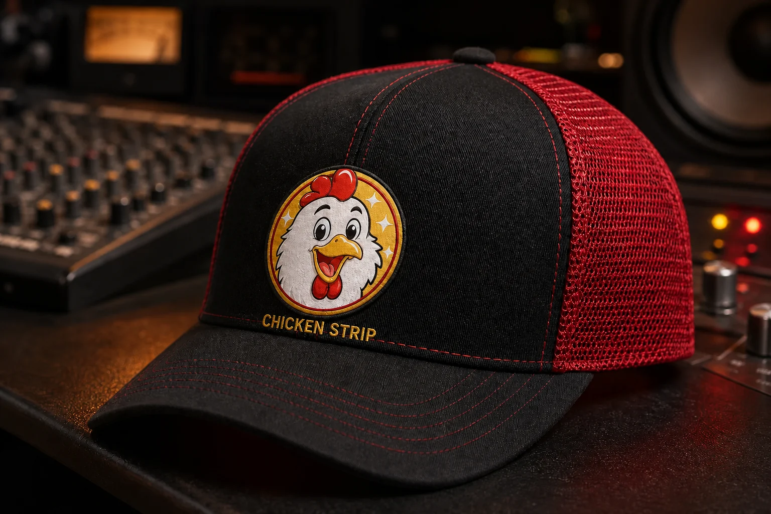 Black-and-red trucker hat with an embroidered Chicken Strip badge and wordmark
